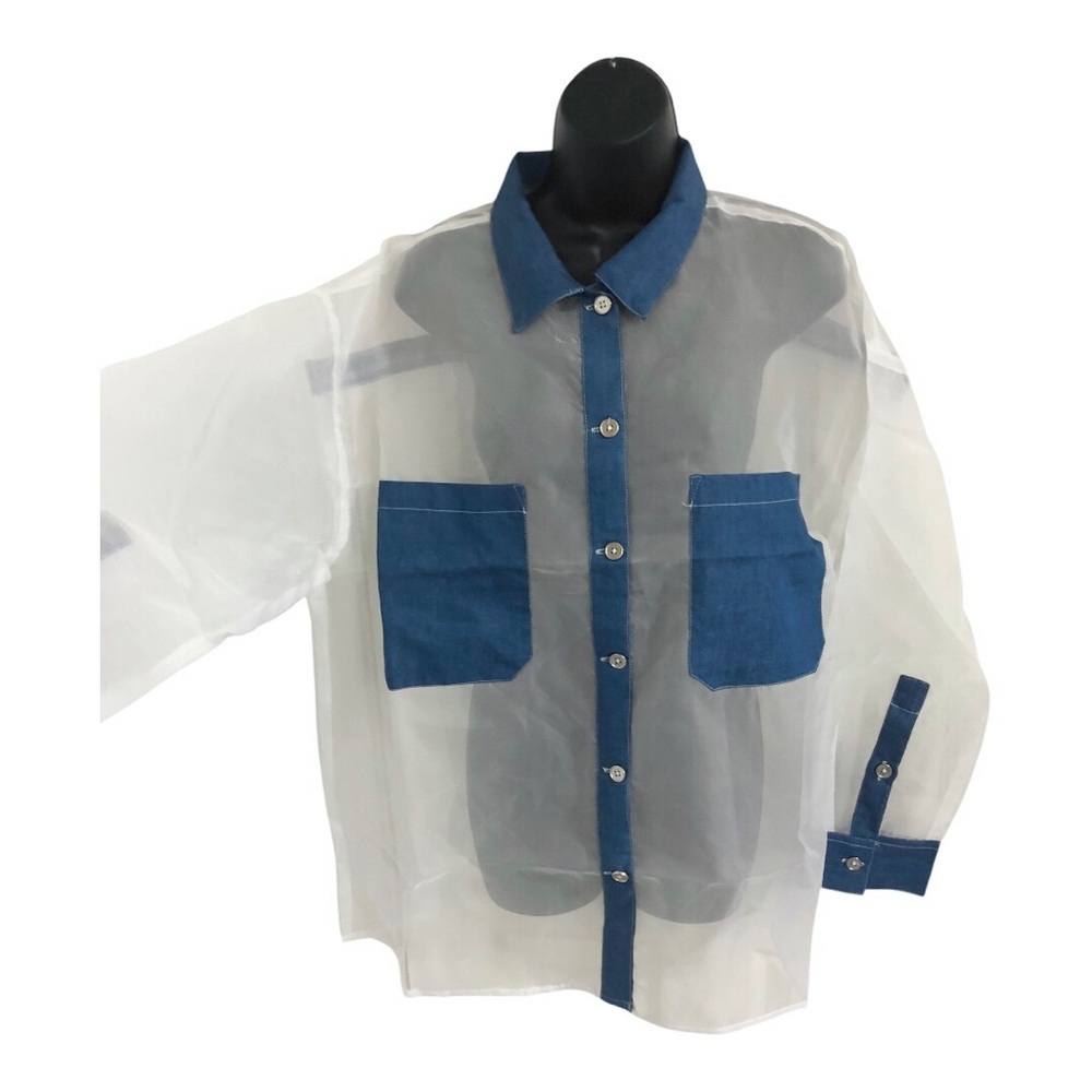 White sheer blue denim patch collared pocket cuff button down shirt size 1X new